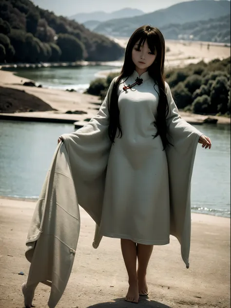 Chinese women in period costumes pose for a group photo, Long-sleeved Han costume, Varied, ，Insert hairpins into coiled hair, The clothes are fluttering，Side full body fairy, , Standing on a small bridge,Mountains in the background His melancholy eyes look...