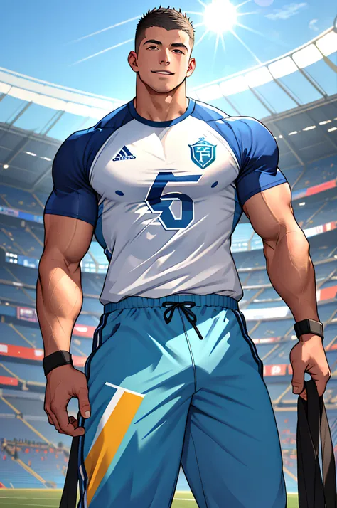 Draw a full-fledged athlete，Stand on the central field of the gym，He wears high-end sportswear，The man looks confident and determined，rays of sunshine，cheerful big breasts，Handsome，Crew cut，full bodyesbian，shooting from below，