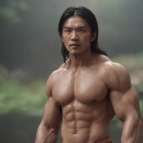 super muscular cute asian men wearing red thong in midle of lake (professional 3d render:1.3) af (Realistic:1.3) most beautiful artwork photo in the world，Features soft and shiny male heroes, ((Epic hero fantasy muscle man rough wet hero angry look long ha...