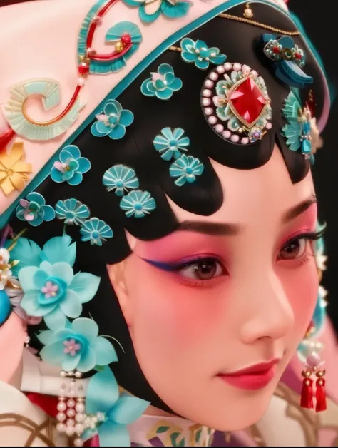 a close up of a woman wearing a colorful headdress and a blue and pink hat, peking opera, inspired by Xie Huan, china doll face, inspired by Jin Nong, inspired by Lan Ying, inspired by Mei Qing, traditional makeup, traditional chinese, inspired by Min Zhen...