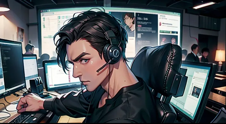 there is a man sitting at a desk with a computer and headphones, ig studios anime style, artwork in the style of guweiz, digital anime illustration, guweiz, detailed digital anime art, digital anime art, high quality anime artstyle, digital cyberpunk anime...