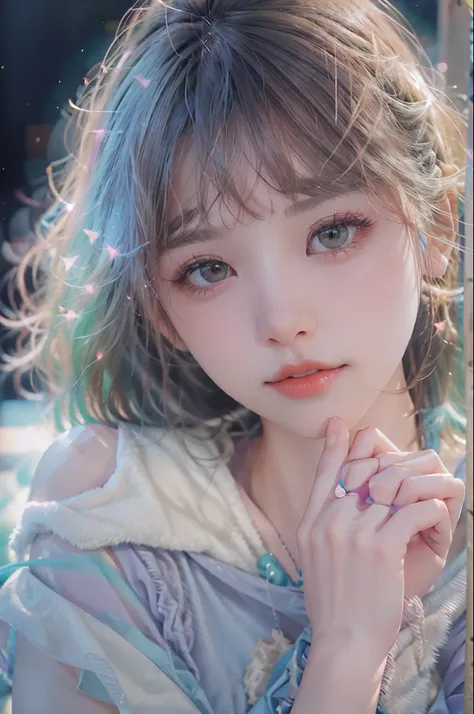 （Fluorescent color：1.4），（semi transparent：1.4），（retro filters：1.4），（fanciful：1.4），（photograph of a woman，1girll：1.2），cropped shoulders，cinmatic lighting, ssmile,short detailed hair，Black shawl straight hair，46 points oblique bangs，High-definition detail、Hy...