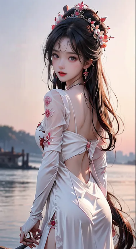 1 adult empress wearing red lace top, deep-breasted nightgown, Chinese-style clothes, ancient costumes with many phoenix patterns, flawless pink and white face, crowned head, hip-length black hair , very beautiful and sharp brown eyes, small red lips, pain...