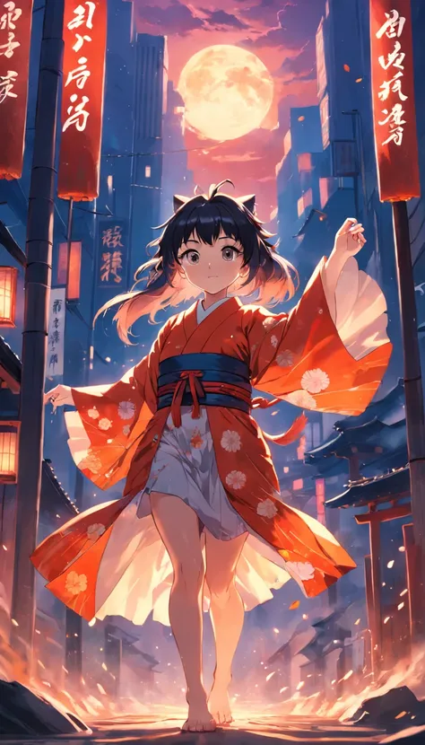 masterpiece, best quality, movie still, 1girl, wolf girl, japan style, kimono, happy, sunset, (sparks:0.7)