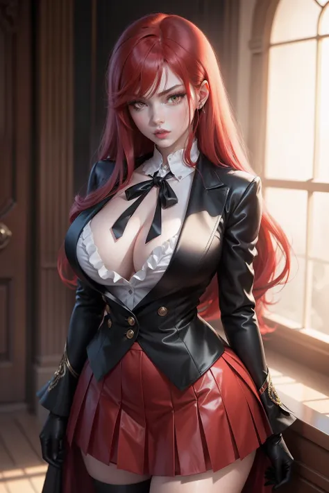 Rias Gremory is a character with crimson hair, her long strands falling elegantly down her back, contrasting with her pale skin and mesmerizing amber eyes. She exudes confidence and charm with her haughty posture. Wearing a tailored red school uniform, her...