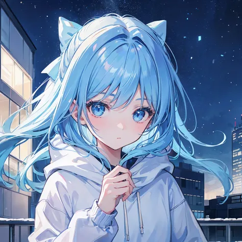 1girl, with light blue hair and blue eyes, wearing a hair ribbon and a blue and white hoodie. The scene is set in winter, with the girl looking directly at the viewer. This image can be used as a profile picture.City background