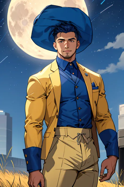 Draw a full-fledged footballer，Standing on the steppe at night，Quiet and comfortable background，He wears the same suit as the countrys president，The suit fits perfectly，rays of sunshine，cheerful big breasts，Handsome，eyes with brightness，The man looks confi...