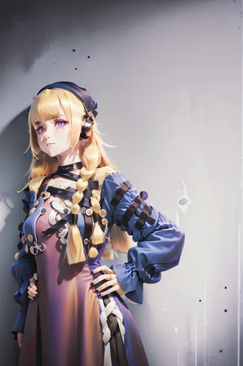 blond girl，Two ponytails，Wearing a purple gothic dress，Leaning against the wall，Chest straight，Has purple pupils