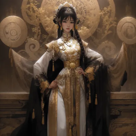 Dark majestic Chinese palacebackground, brown peaks andswirls, a beautiful girl standingin the center of the palace,mountain peak, traditionalChinese costume jewelry, acryli oil painting, light white and lighsilver, gold, elaborate costumesfull face, full ...