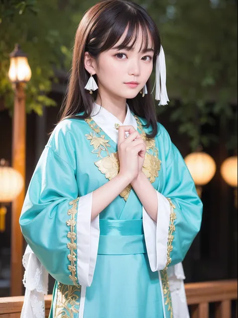 Chinese women in period costumes pose for a group photo, Long-sleeved Han costume, Varied, ，Insert the hairpin into the coiled hair, The clothes are fluttering，Side full body fairy, , Standing on a small bridge, His melancholy eyes looked into the distance...