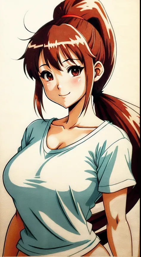 Hand drawn images from provided pictures,Anime style, women of Korea ,without clothes , long Tshirt, tits  standing out from under clothing,huge-breasted,night,  ponytail  hair, ironed hair, illustration drawing body, sweet smile ,high detailed, high quali...