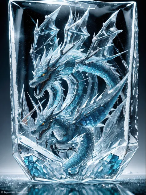 Best Quality, high detailing, High resolution, nffsw, 4K, 8K, Glass sculpture masterpieces and legendary dragons, Water, ice crystal, Fantasy, Icicles, Trapped in the ice, The background is an ice cave, Ice World, Most Awesome