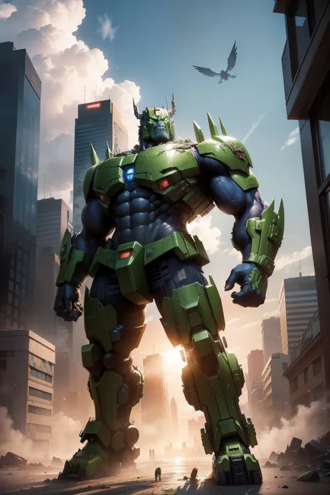 combined hulk and Optimus Prime (transformer), solo, fantastic, detailed, reality, mystical setting and future city, Rise of the Beasts