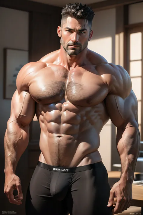 Award-winning original photos，A wild muscular man, (40 years old daddy:1.1),((Best Quality, 8K, ultra-detailed, Masterpiece: 1.3)), 1boy, shiny skin, sharp, Perfect Body Beauty, realistic shaded perfect body, mascle,("wearing underwear black, big bulge ":1...