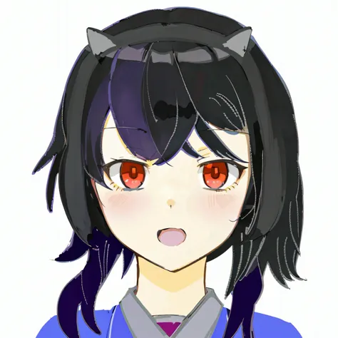 Anime girl with black hair and red eyes in a blue shirt, Anime moe art style, in an anime style, Anime style portrait, In anime style, In a Japanese anime style, flat anime style shading, An anime girl, anime style character, inspired by Jin Homura, Anime ...