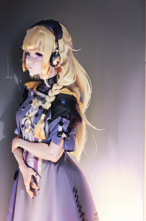 blond girl，Two ponytails，Wearing a purple gothic dress，Leaning against the wall，Chest straight，Has purple pupils