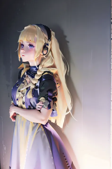 blond girl，Two ponytails，Wearing a purple gothic dress，Leaning against the wall，Chest straight，Has purple pupils