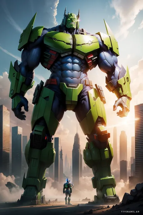 combined hulk and Optimus Prime (transformer), solo, fantastic, detailed, reality, mystical setting and future city,