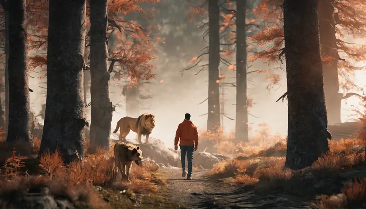 portrait of a man, walking on a path through the forest, accompanied by a wolf and a lion.