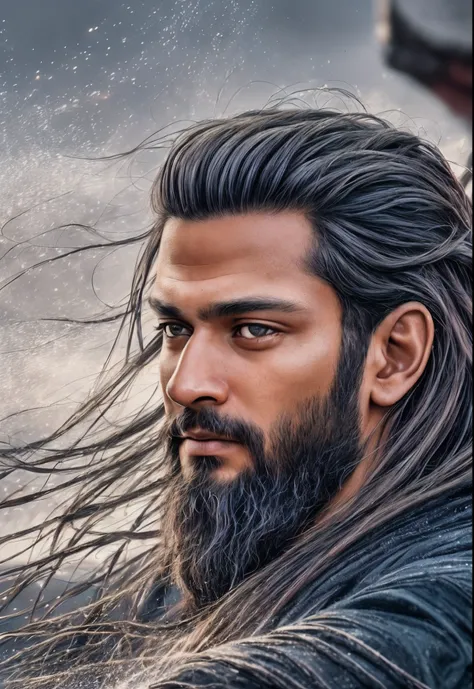 Realistic 16k image of Shakib Al Hasan as Ragnar Lothbrok (with black hair) onboard a viking longship, ((low angle hero shot)), (Upper body closeup), show Shakib as Ragnar navigating treacherous waters, Shakib Al Hasan as Ragnar is navigating his crew, sho...