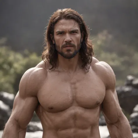 (Professional 3D rendering:1.3) de (Realistic:1.3) Foto de arte mais bonita do mundo，Features soft, bright male heroes, ((Epic hero fantasy rough muscular man wet hero angry look long hair short beard and fierce expression in dynamic pose, fantastic locati...