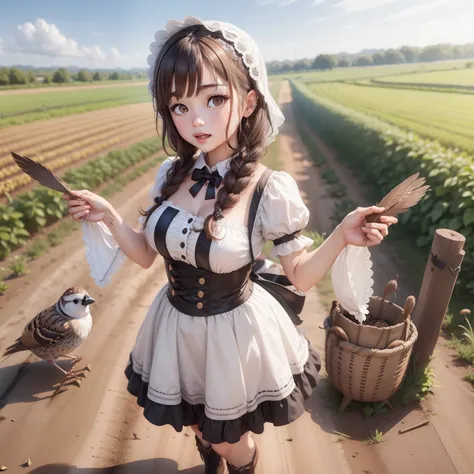 Female idol covered with sparrows（Cute costumes、）、Looks fun、full body Esbian、、Brown hair、Farming in the fields