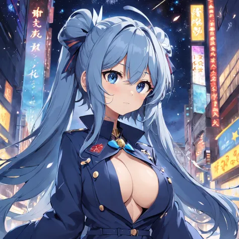 starrysky，Lori huge breasts cleavage，Blue，silber hair，dual horsetail，Bow hair ornament，Watch the fireworks，Dark blue trench coat