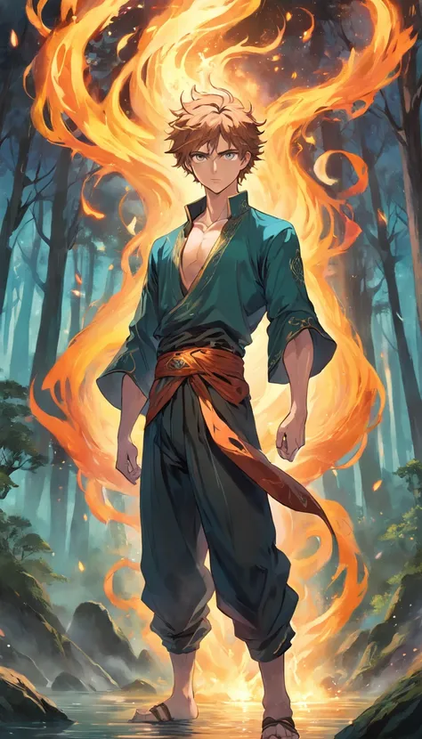 Amidst an ancient and overgrown forest, the essence of magic takes form through a young man, his hair as dark as the shadows and his eyes a radiant golden blaze. A mystical mark graces his neck, shimmering with latent power. Within a clearing, he stands en...