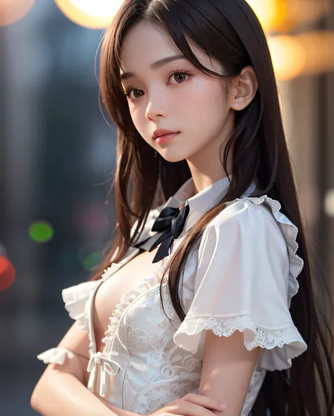 best quality, ultra hi res, photoreaslistic, a photography of a beautiful girl,  detailed face, undressing, (detailed Cropped lace blazer with a lot of frills and ribbons), Mountain, (face close up), seductive look, looking at another, random background, S...