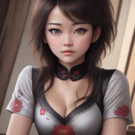 closeup cleavage， tmasterpiece， best qualtiy，realisticlying，Realistic faces， Incredibly Ridiculous res，ChineseGirl， beuaty girl， Intellectual gentleness， Coiled hair， Cheongsam collar，Medium depth of field， Portrait above the chest，inside in room，A high re...