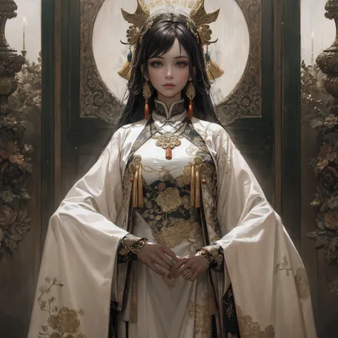 Dark majestic Chinese palacebackground, brown peaks andswirls, a beautiful girl standingin the center of the palace,mountain peak, traditionalChinese costume jewelry, acryli oil painting, light white and lighsilver, gold, elaborate costumesfull face, full ...