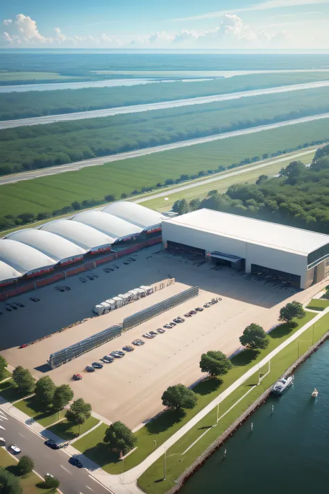 top views、Rectangular land、In the lower left corner is the new energy exhibition hall、In the lower right corner is the truck parking lot、In the upper left corner is the energy storage center、In the upper right corner is the truck charging station