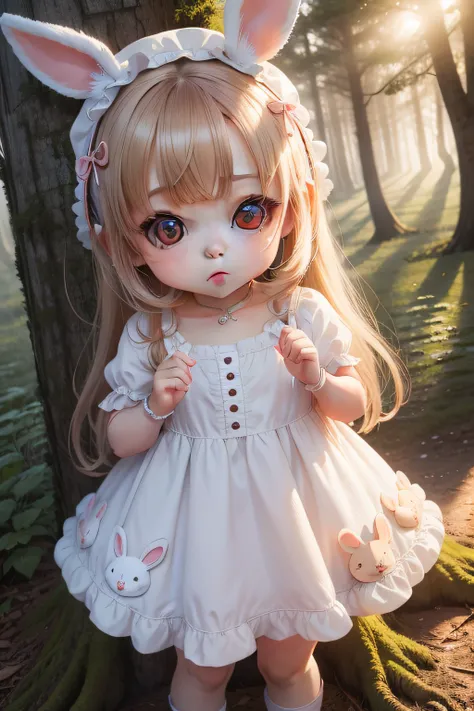 Cute Baby Chibi Anime,Cute dress、Morning light、in woods、big eye、rabbit stuffed