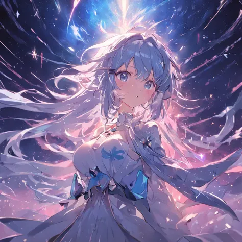 starrysky，Lori huge breasts cleavage，Blue，silber hair，dual horsetail，Bow hair ornament，Watch the fireworks