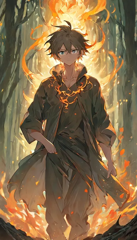 Amidst an ancient and overgrown forest, the essence of magic takes form through a young man, his hair as dark as the shadows and his eyes a radiant golden blaze. A mystical mark graces his neck, shimmering with latent power. Within a clearing, he stands en...