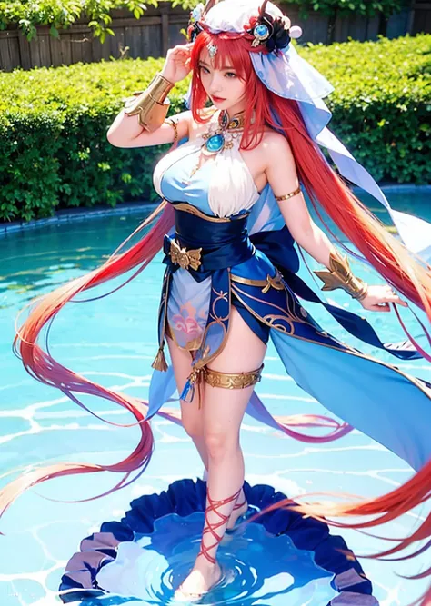 a woman in a blue dress standing in a pool with a sword, anime goddess, ayaka genshin impact, keqing from genshin impact, ayaka game genshin impact, onmyoji detailed art, ((a beautiful fantasy empress)), onmyoji, beautiful alluring anime woman, cushart kre...