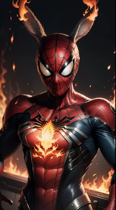 Masterpiece,Best Quality, illustartion, Rabbit in a spiderman costume,Beautiful detailed glow,(flames of war:1.2),detailed lighting,(beautiful detail eyes:1.1),expressionless,