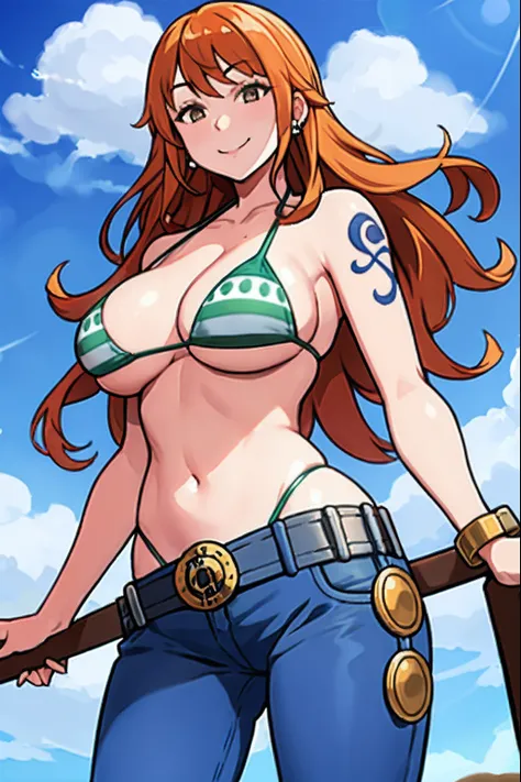 nami (one piece),
1girl, bangle, bangs, bare shoulders, belt, bikini, bikini top only, blue sky, bracelet, breasts, brown eyes, bubble, cleavage, cloud, cowboy shot, day, denim, earrings, floating hair, green belt, green bikini, jeans,  jewelry, large brea...