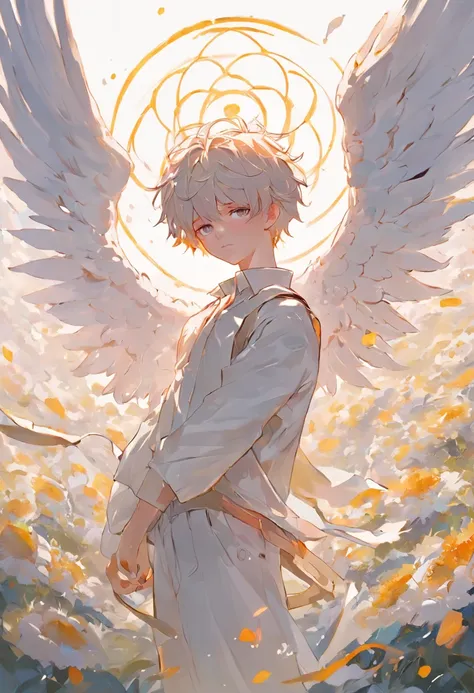 Anime boy with white wings and halo in flower field, beautiful angel, Angel Boy, Guviz-style artwork, Guweiz in Pixiv ArtStation, guweiz masterpiece, Portrait of a beautiful angel, beautiful fantasy anime, beautiful angel, full - body majestic angel