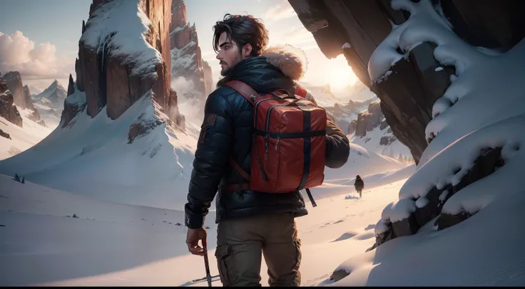 Homem Jovem andando nas montanhas, Perfect artwork, piece of master, melhor qualidade, High, layered lighting -- 4K