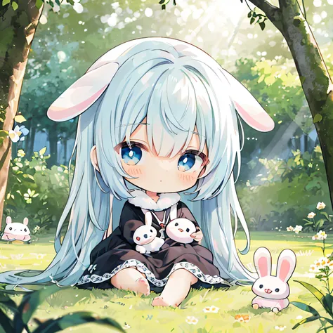 The human、Cute Baby Chibi Anime,Cute dress、Morning light、in woods、big eye,rabbit stuffed