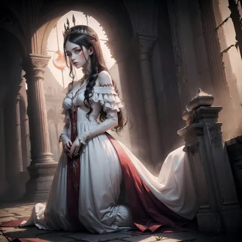 Queen of blood, Blood red moon in the sky, Pale white bride dress, Beautiful human female,Pale skin, Blood on the dress, Blood on lips, Kneeling down And staring at the moon, Ruins, Extreme detailing, Dark black hair, Pale eyes, glowing eyes,