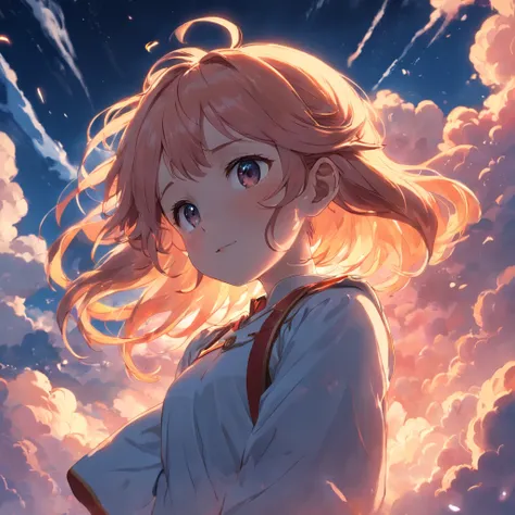 masterpiece, best quality, movie still, 1girl, cloud girl, floating in the sky, close-up, bright, happy, warm soft lighting, sunset, (sparks:0.7)