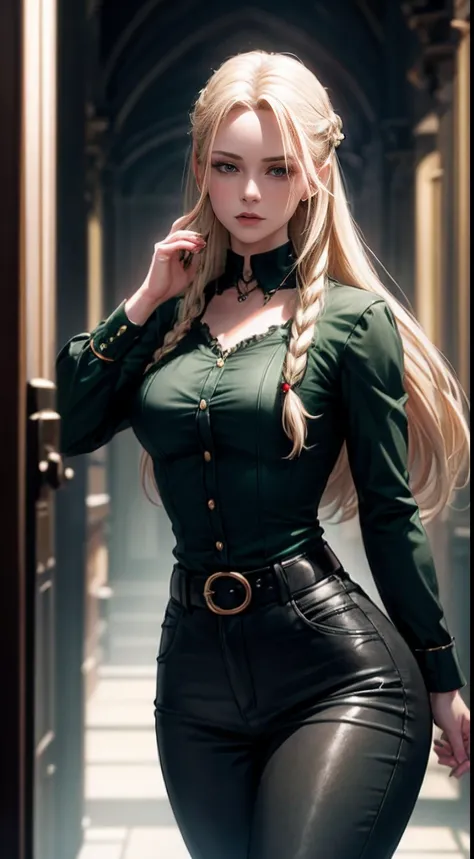 a beautiful 25 years old British female vampire, with single-braided blonde hair, wearing dark green shirt and black tight pants, view from front, waist up shot, dynamic pose, ambient lighting, photo realism, intricate face detail, intricate hand details, ...