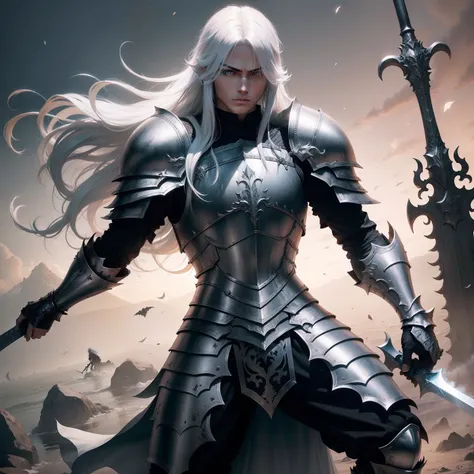 a boy with long white hair wearing dark souls 3 armor inspired by dark souls using a dragon slayer sword in the traits of the author of berserk kentaro miura