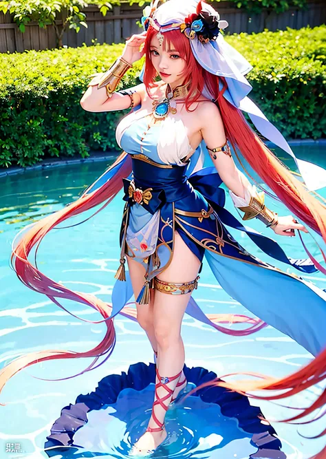 a woman in a blue dress standing in a pool with a sword, anime goddess, ayaka genshin impact, keqing from genshin impact, ayaka game genshin impact, onmyoji detailed art, ((a beautiful fantasy empress)), onmyoji, beautiful alluring anime woman, cushart kre...