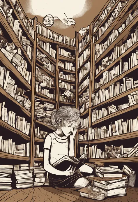 "Em uma livraria pitoresca, com estantes repletas de livros empoeirados e uma atmosfera acolhedora, a young girl with hazel hair named Emi is immersed in a pile of old books. Seu gato de pelagem preta e olhos brilhantes, chamado Kuro, it rests lazily on th...