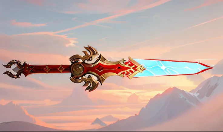 There is a red and white sword，There is a red flame on it, war blade weapon, big sword, Huge sword, Fantasy Blade, Flaming Sword, sword design, fantasy sword, huge oversized sword, big sword, legendary sword of technology, chainsword in the other, intricat...