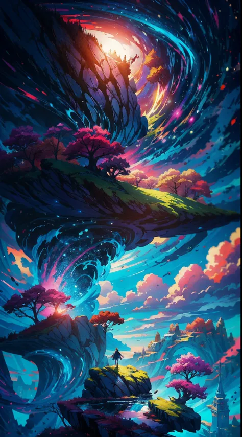 Anime girl standing on a rock looking at rainbow sky, makoto shinkai cyril rolando, anime art wallpaper 4k, anime art wallpaper 4k, Anime art wallpaper 8k. by makoto shinkai, inspired by Cyril Rolando, in the style dan mumford artwork, amazing wallpapers, ...