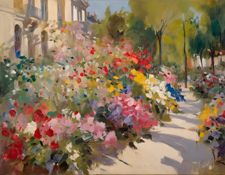 a fantastic flowering garden. estilo de pintura impressionismo obras de John Singer Sargent, Boulevard Montmartre masterpiece